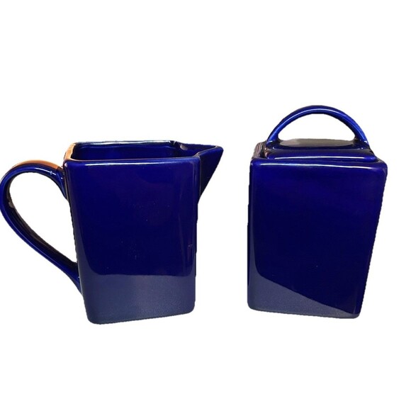 10 Strawberry Street  Creamer and Sugar Stoneware Set Square COBALT BLUE - Picture 1 of 8